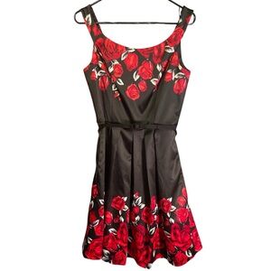 🥀 WHBM Black Satin Dress with Red Roses